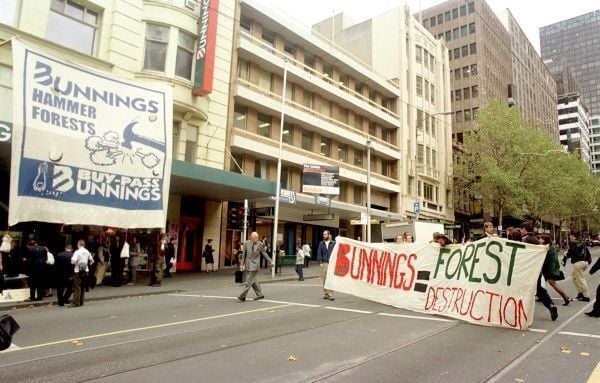 Wilderness Society has been keeping Bunnings accountable for decades. Above: a protest outside a Bunnings store in Melbourne's Bourke Street Mall in the early 2000s.