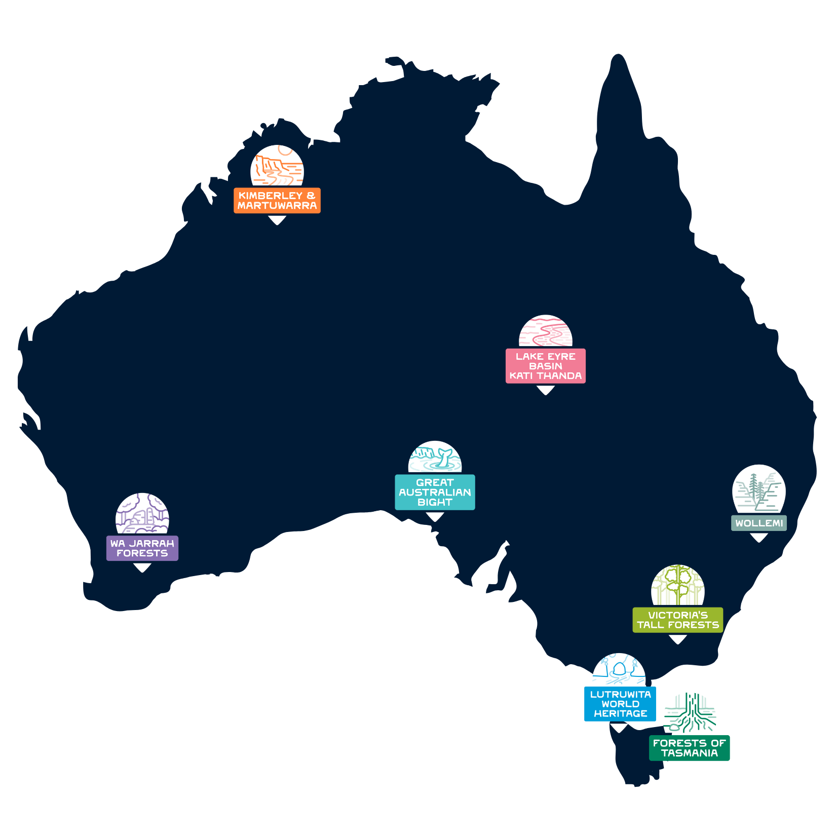 Iconic places - Nature's Elders, location pins on the map of the continent of Australia